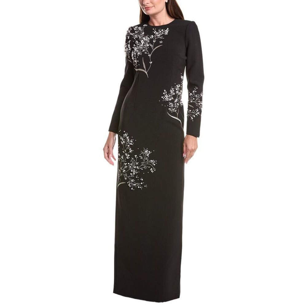 Teri Jon By Rickie Freeman Womens Crepe Floral Pearl Applique Gown, Black